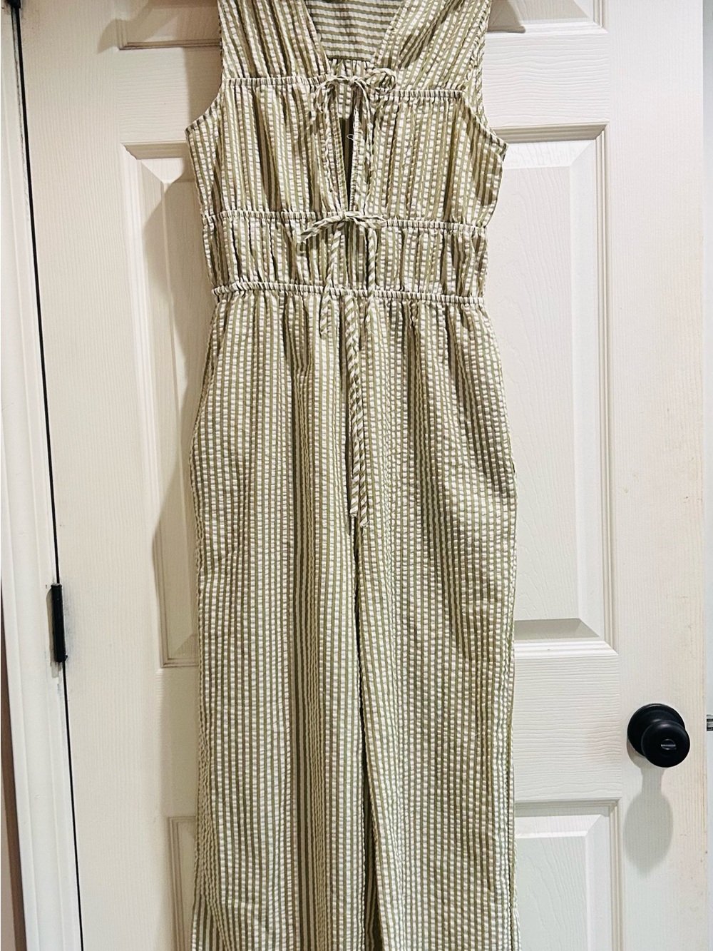 Monteau Sage and Cream sleeveless jumpsuit